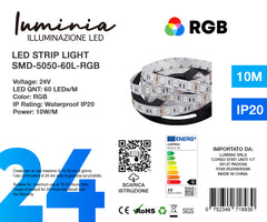 24V Striscia LED RGB 5050 10W/m 450lm/w Larghezza 10mm 10mt