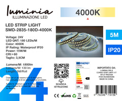 24V Striscia LED 2835 180L 15W/m 1950lm/w Larghezza 10mm 5mt B7