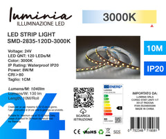 24V Striscia LED 2835 120L 8W/m 1040lm/w Larghezza 8mm 10mt BD15