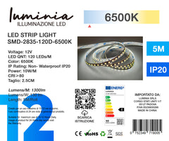 12V Striscia LED 2835 120L 10W/m 1300lm/m Alta Luminosità 5mt Larghezza 8mm