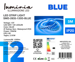 12V Striscia LED 2835 120L 10W/m 1300lm/m Alta Luminosità 5mt Larghezza 8mm