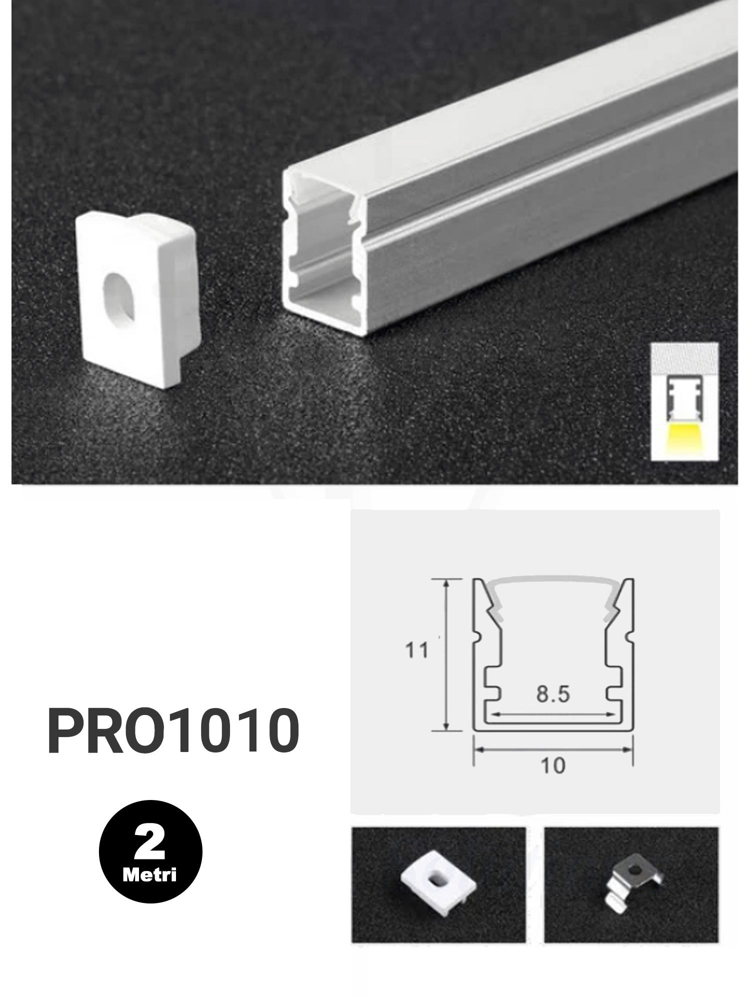 Profilo Alluminio per Strisce LED PRO1010 10mm*11mm Immagine principale del prodotto