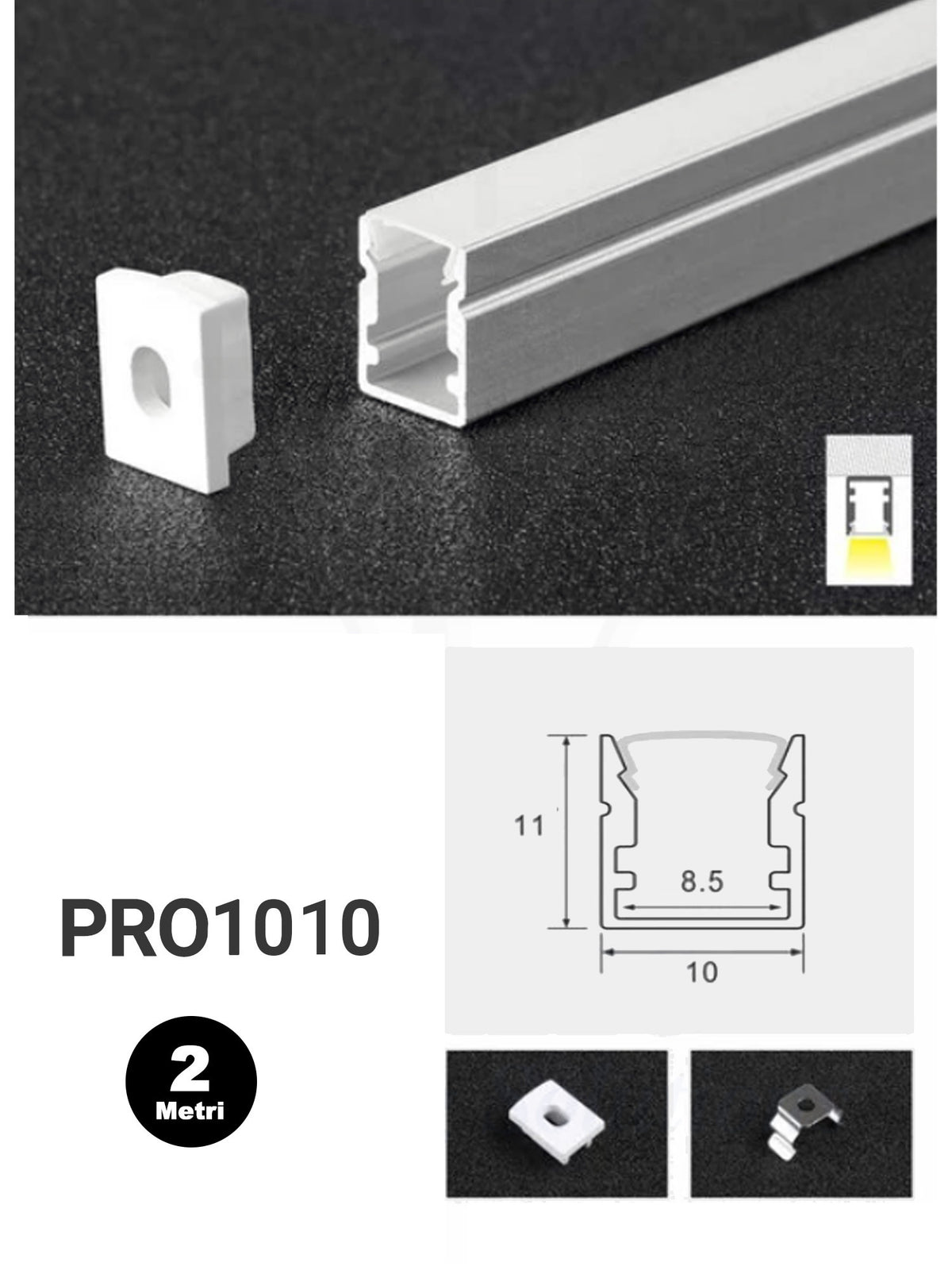 Profilo Alluminio per Strisce LED PRO1010 10mm*11mm