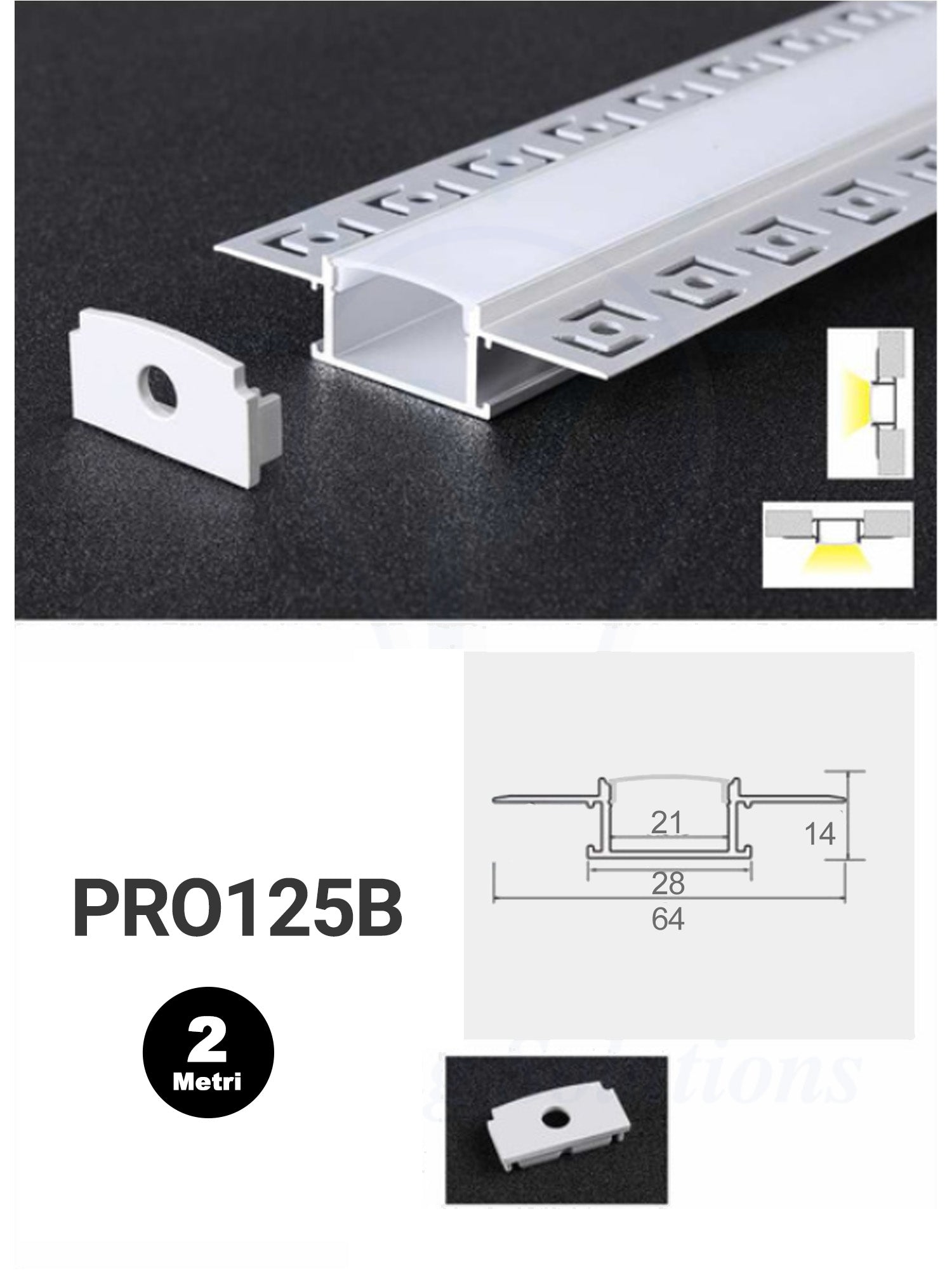 Profilo Alluminio per Cartongesso per Striscia LED PRO125B 64mm*14mm