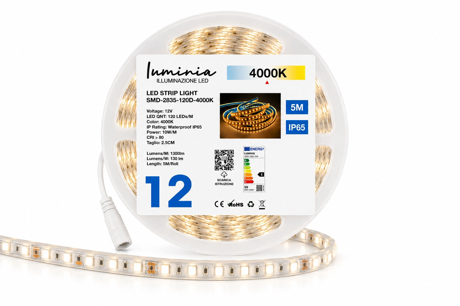 12V STRISCIA LED 2835 10W 5MT IP65 💧