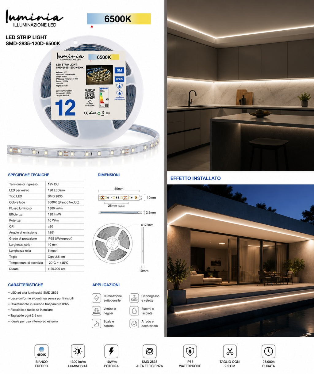 12V STRISCIA LED 2835 10W 5MT IP65 💧