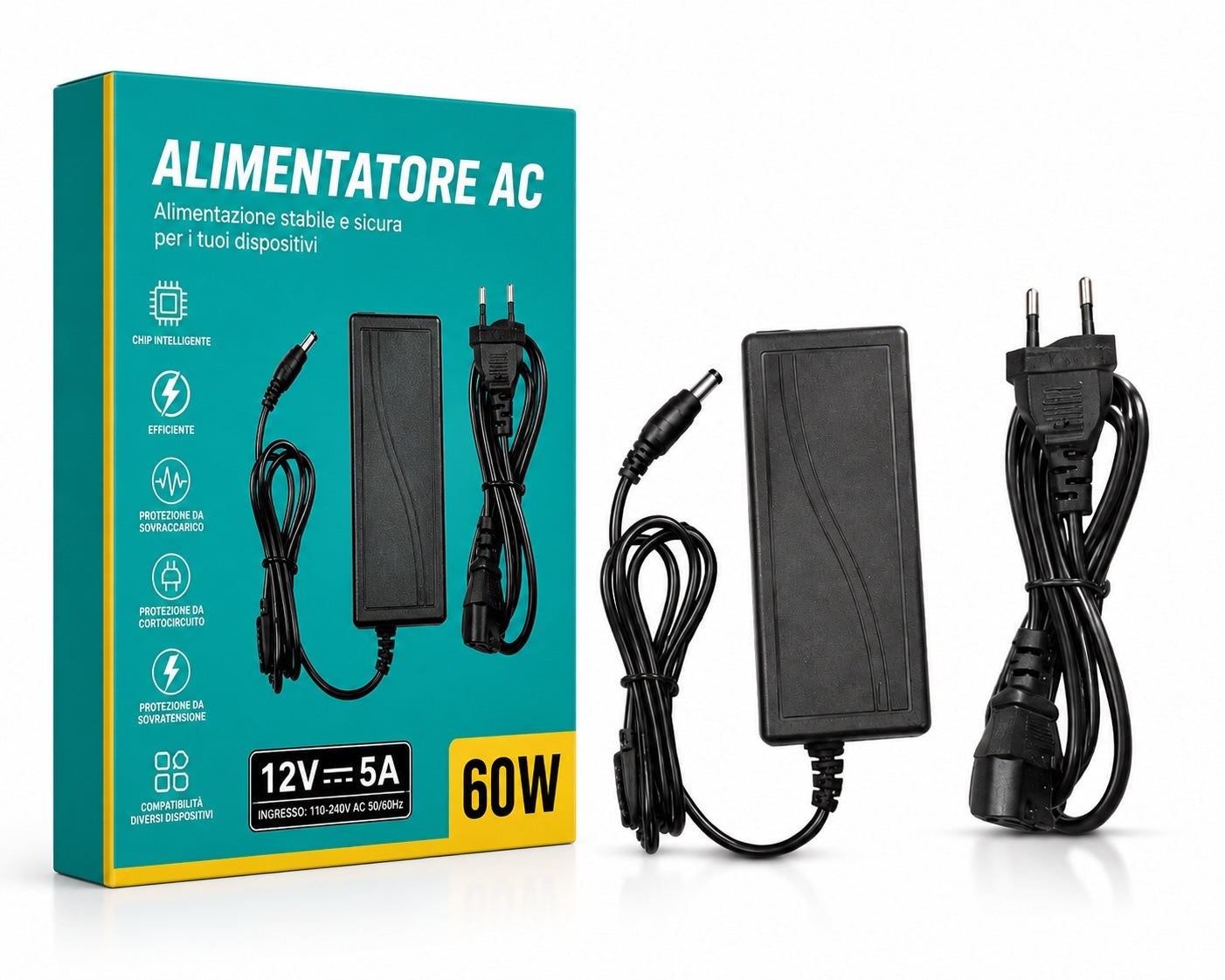 12V Alimentatore 5A 60W con Spina