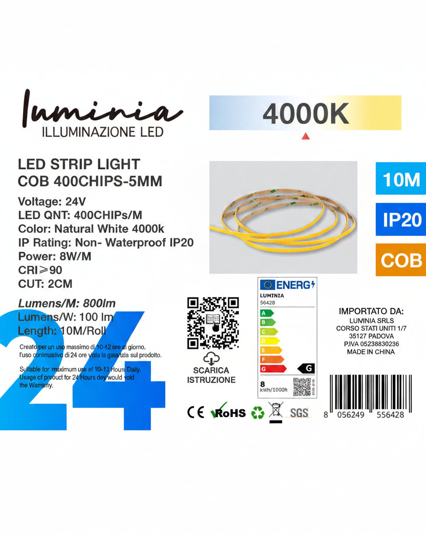 24V Striscia LED COB 400P 8W/m 100lm/w Larghezza 5mm 10mt 4000K Immagine principale del prodotto