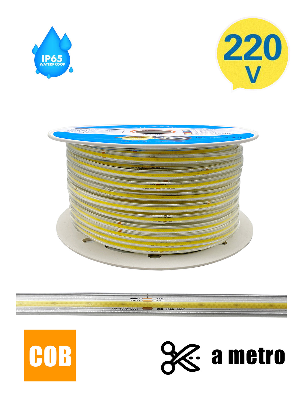 Striscia LED 220V COB IP65 su Misura Luce Bianca