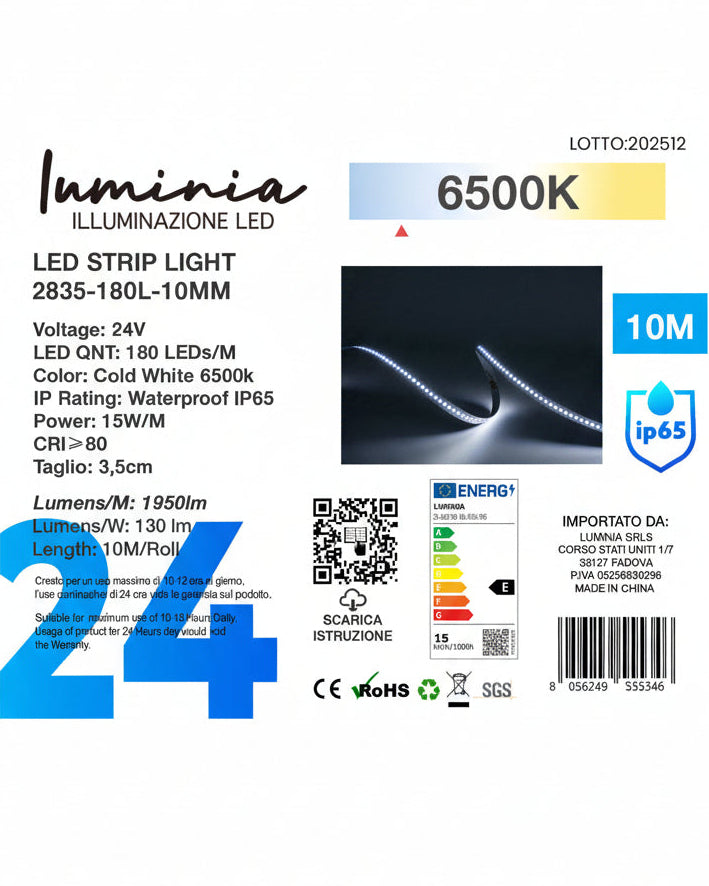 24V Striscia LED 2835 180L 15W/m 130lm/w Larghezza 10mm 10mt B7 3000k/4000k/6500k IP65