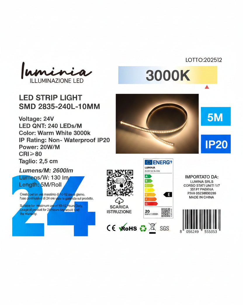 24V Striscia LED 2835 240L 20W/m 130lm/w Larghezza 10mm 5mt 3000k/4000k/6500k
