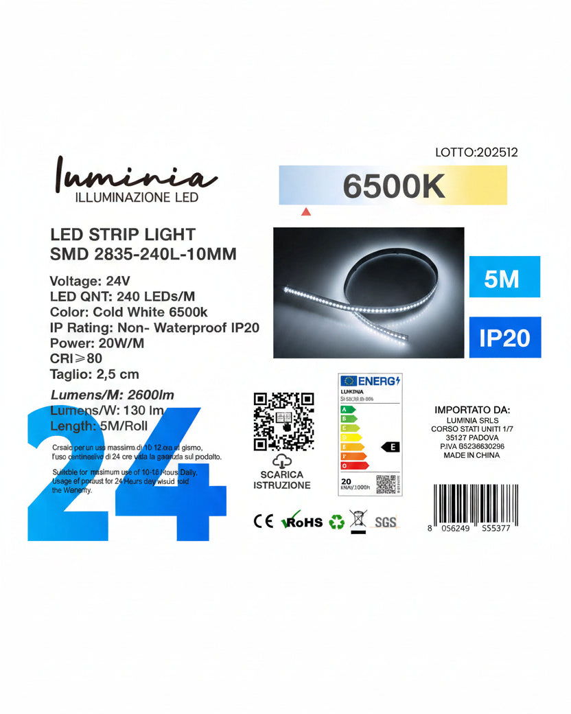 24V Striscia LED 2835 240L 20W/m 130lm/w Larghezza 10mm 5mt 3000k/4000k/6500k