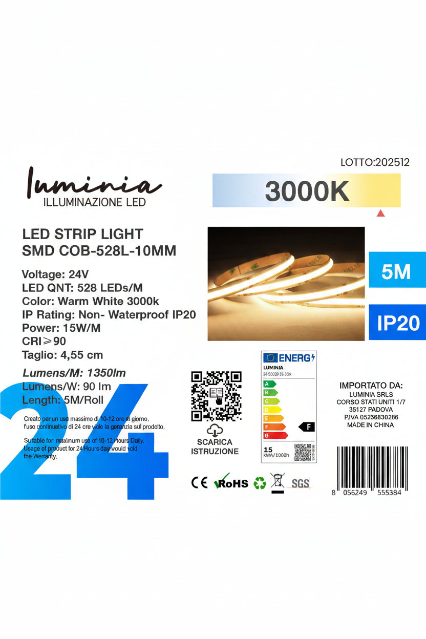 24V Striscia LED COB 528P 15W/m 100lm/w Larghezza 10mm 5mt 3000/6500K Immagine secondaria del prodotto