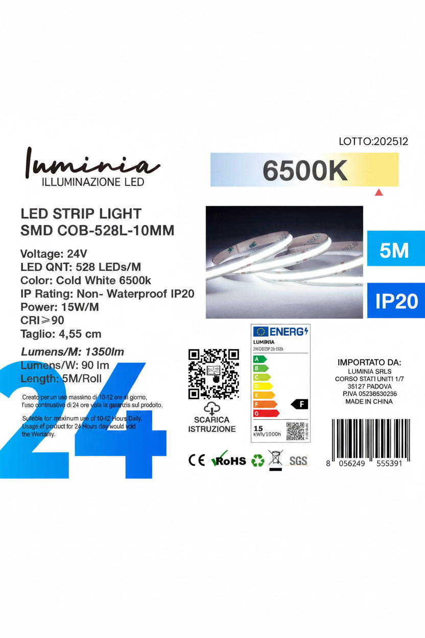24V Striscia LED COB 528P 15W/m 100lm/w Larghezza 10mm 5mt 3000/6500K