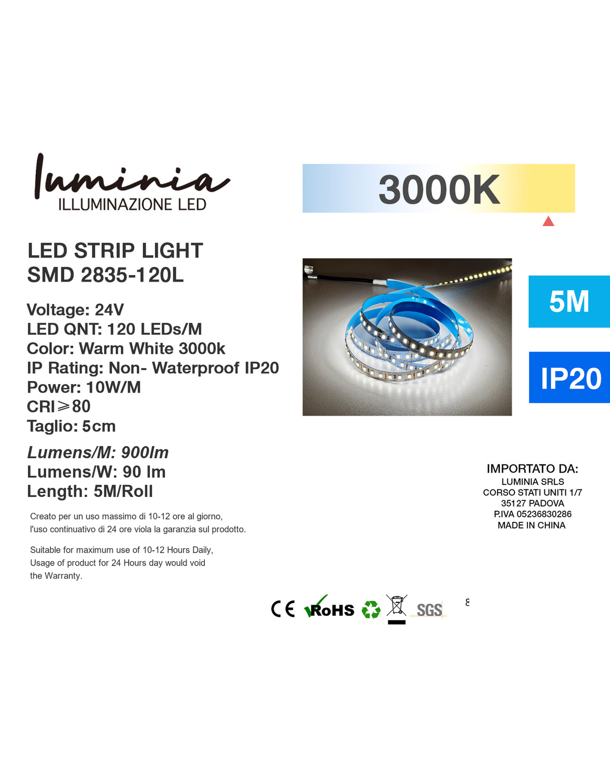 Etichetta prodotto Striscia LED SMD 2835 120 LED/m 24V 10W/m 5m 3000K Immagine principale del prodotto