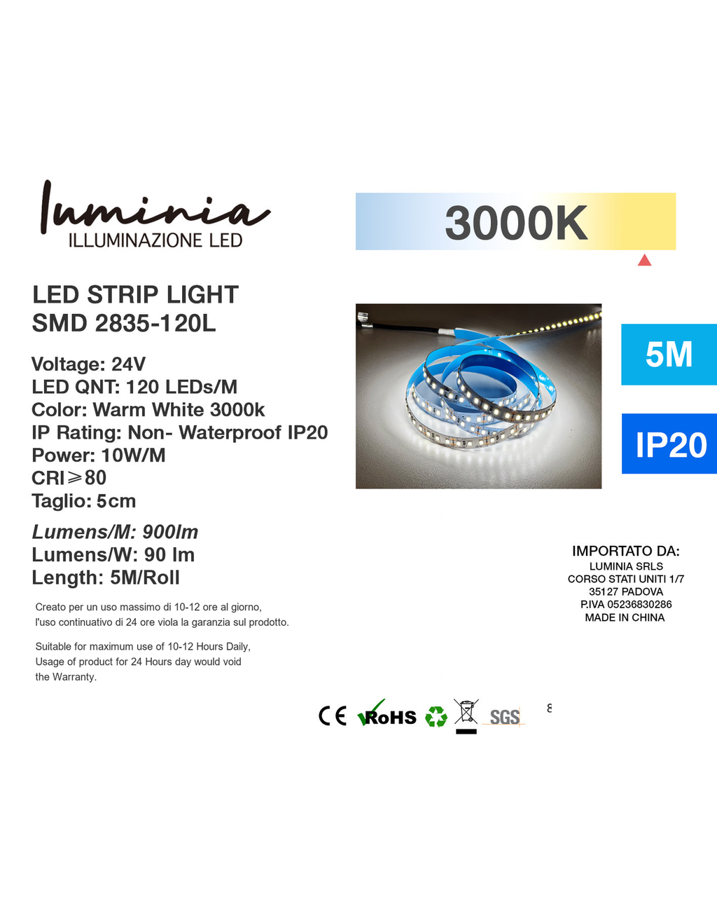 Etichetta prodotto Striscia LED SMD 2835 120 LED/m 24V 10W/m 5m 3000K