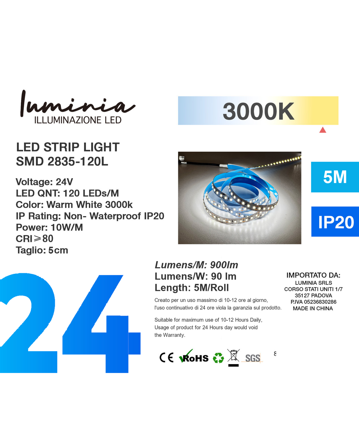 Etichetta prodotto Striscia LED SMD 2835 120 LED/m 24V 10W/m 5m 3000K