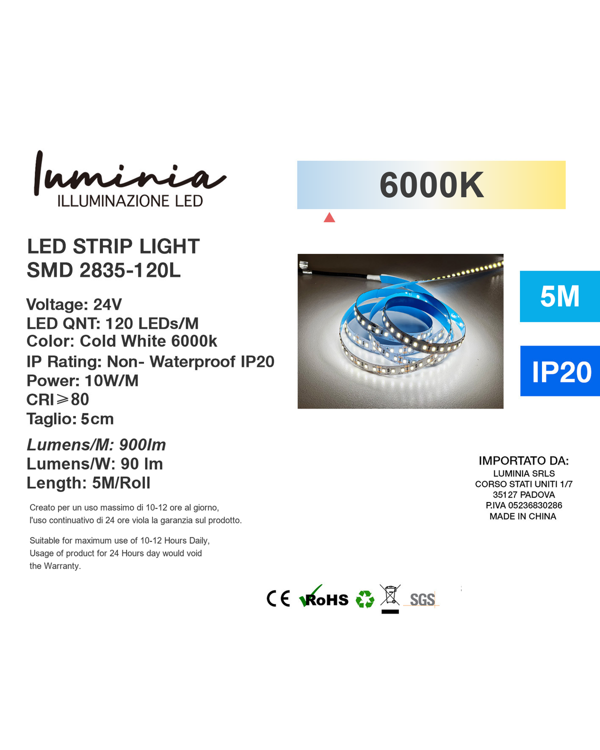 Etichetta prodotto Striscia LED SMD 2835 120 LED/m 24V 10W/m 5m 6000K
