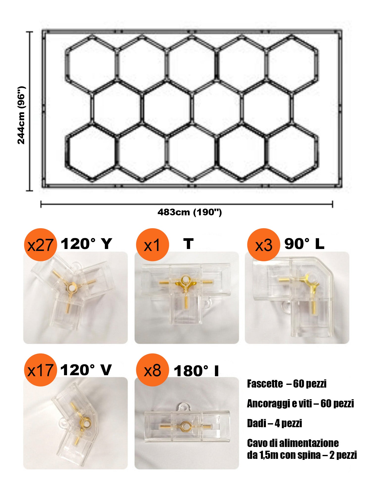 Pannello LED Esagonale 14 Moduli – 243.84 cm x 482.60 cm– 6500K – 534W