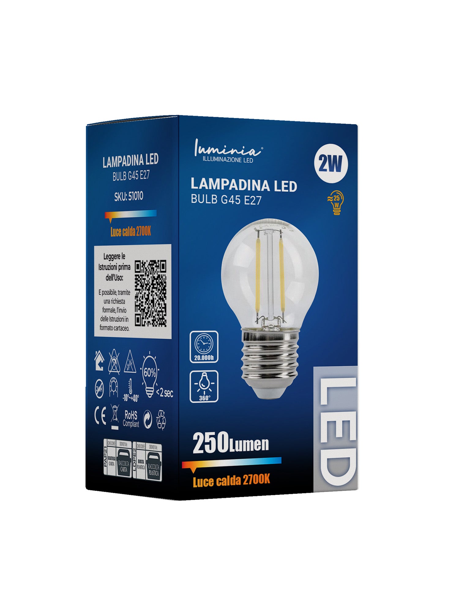Lampadina LED Filamento G45 E27 2W 2700K Plastica Immagine principale del prodotto