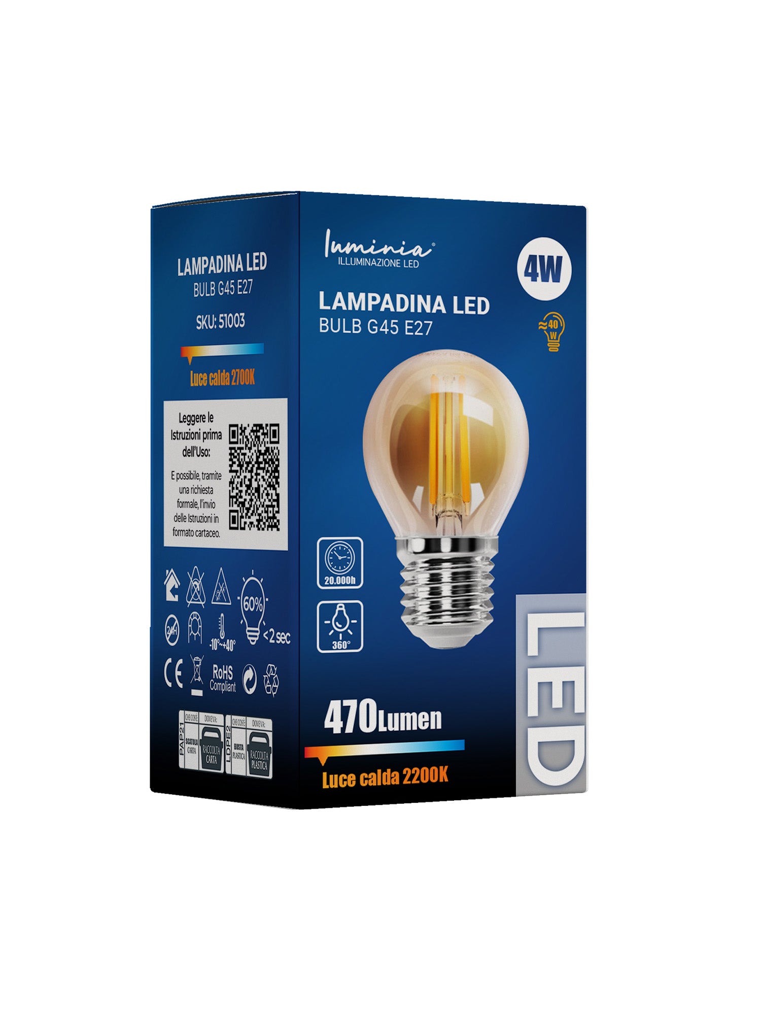 Lampadina LED Filamento G45 E27 4W 2700K Ambrata