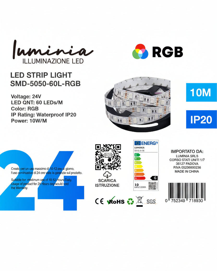 24V Striscia LED RGB 5050 10W/m 45lm/w Larghezza 10mm 10mt