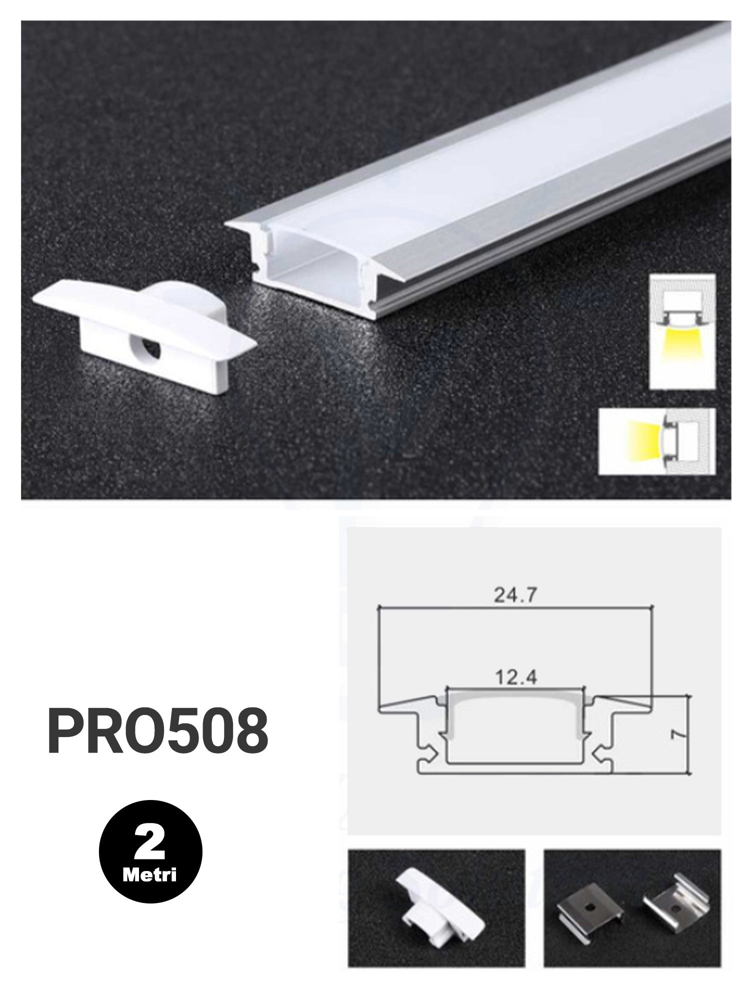 Profilo Alluminio per Strisce LED PRO508 24,7mm*7mm