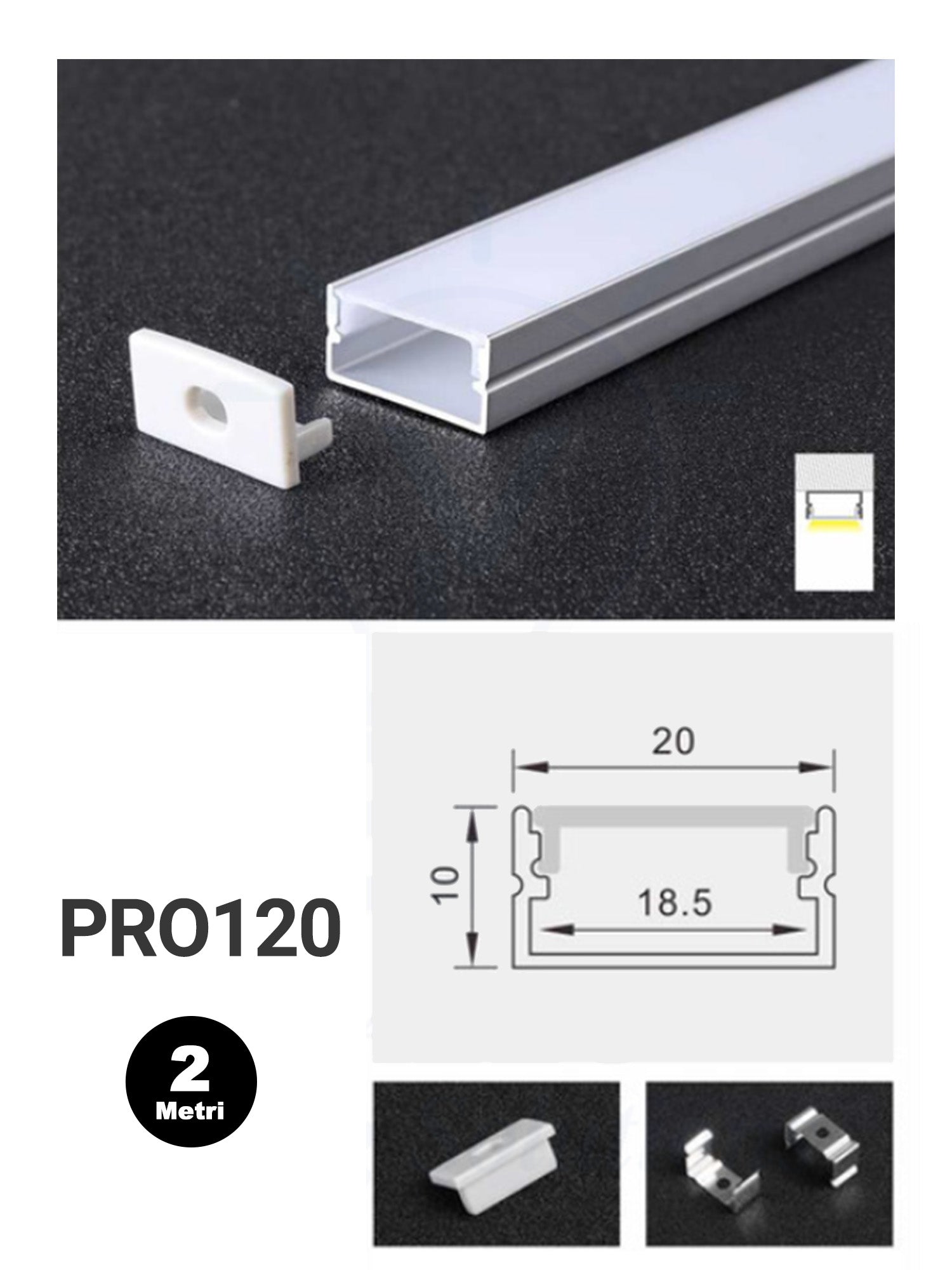 Profilo Alluminio per Strisce LED PRO120 20mm*10mm Immagine principale del prodotto