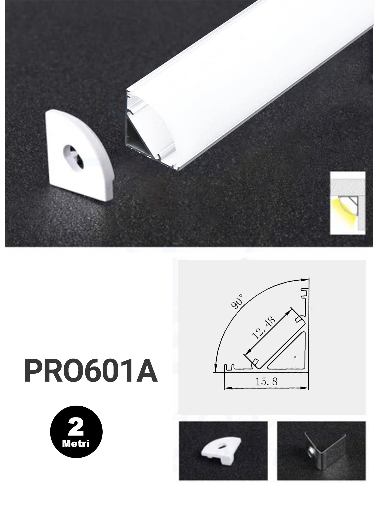 Profilo Angolare Alluminio per Strisce LED PRO601A 16mm*16mm