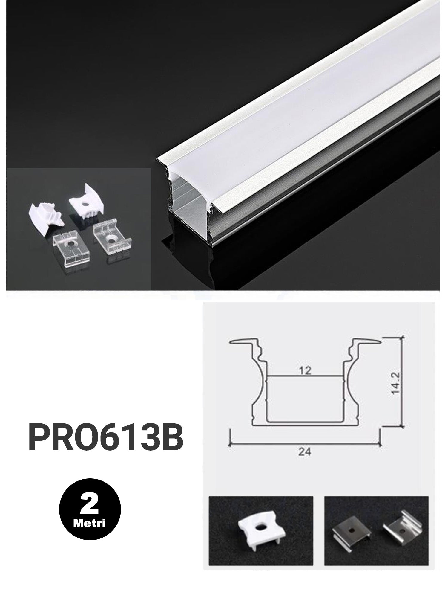 Profilo Alluminio per Strisce LED PRO613B 24mm*14,2mm
