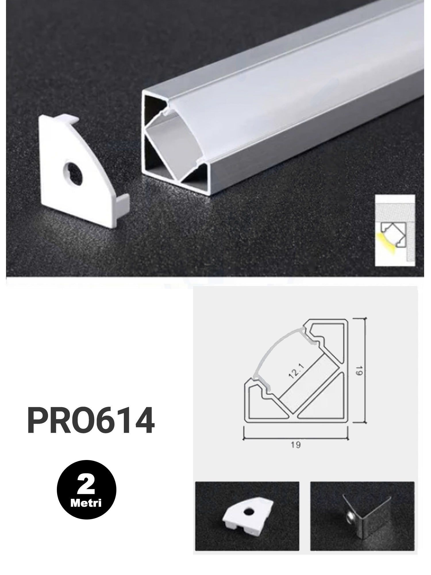 Profilo Angolare Alluminio per Strisce LED PRO614 19mm*19mm