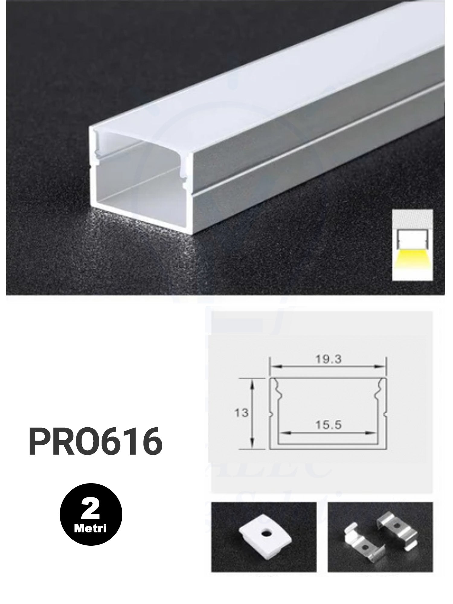 Profilo Alluminio per Strisce LED PRO616 19,3mm*13mm Immagine principale del prodotto