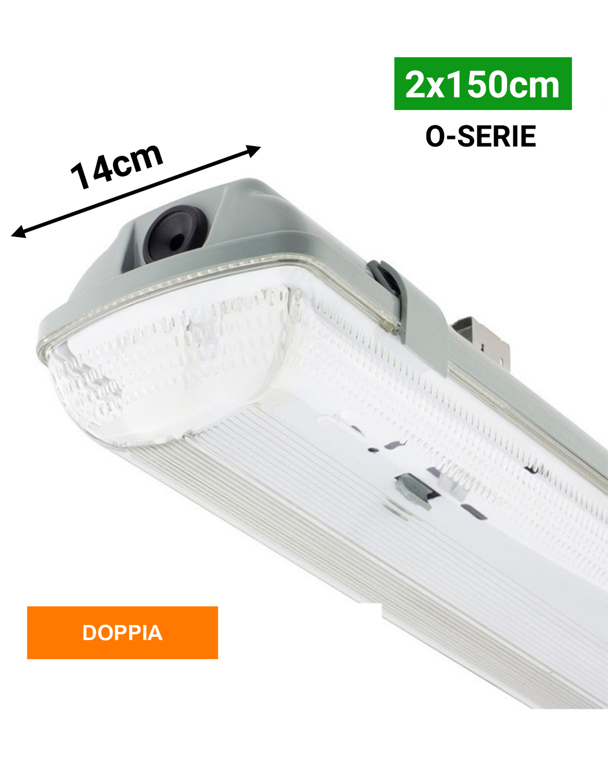 Plafoniera stagna per tubi LED T8 doppia 2x150cm 14cm