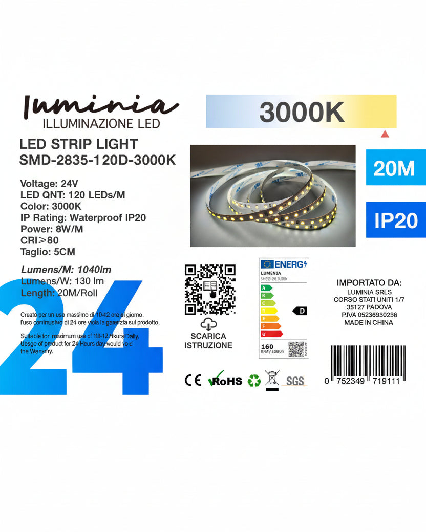 24V Striscia LED 2835 120L 8W/m 130lm/w Larghezza 8mm 20mt B4 3000k/4000k/6500k Immagine principale del prodotto