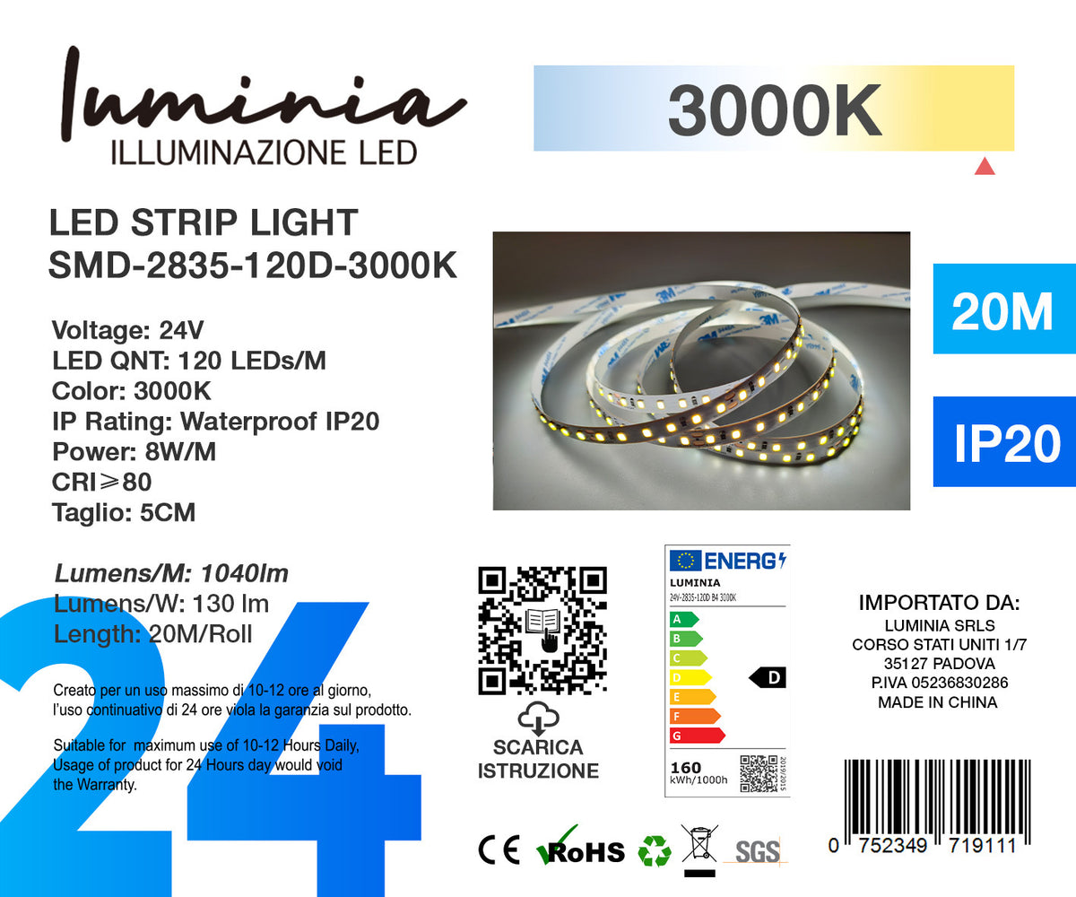 24V Striscia LED 2835 120L 8W/m 1040lm/w Larghezza 8mm 20mt B4