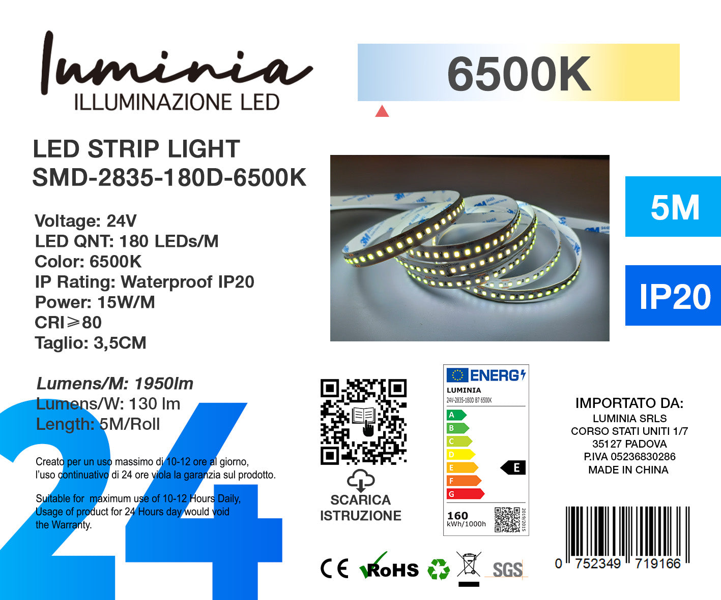 24V Striscia LED 2835 180L 15W/m 1950lm/w Larghezza 10mm 5mt B7 Immagine secondaria del prodotto