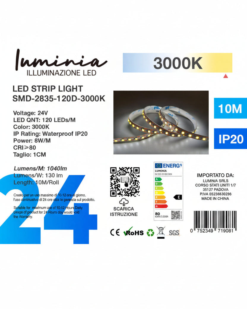 24V Striscia LED 2835 120L 12W/m Larghezza 8mm 10mt BD15 3000k/4000k/6500k Immagine principale del prodotto