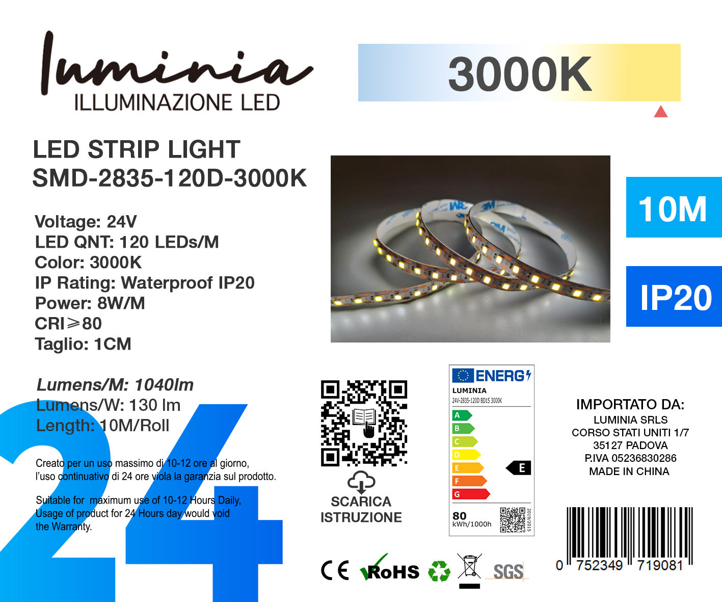 24V Striscia LED 2835 120L 10W/m 1300lm/w Larghezza 8mm 10mt BD15