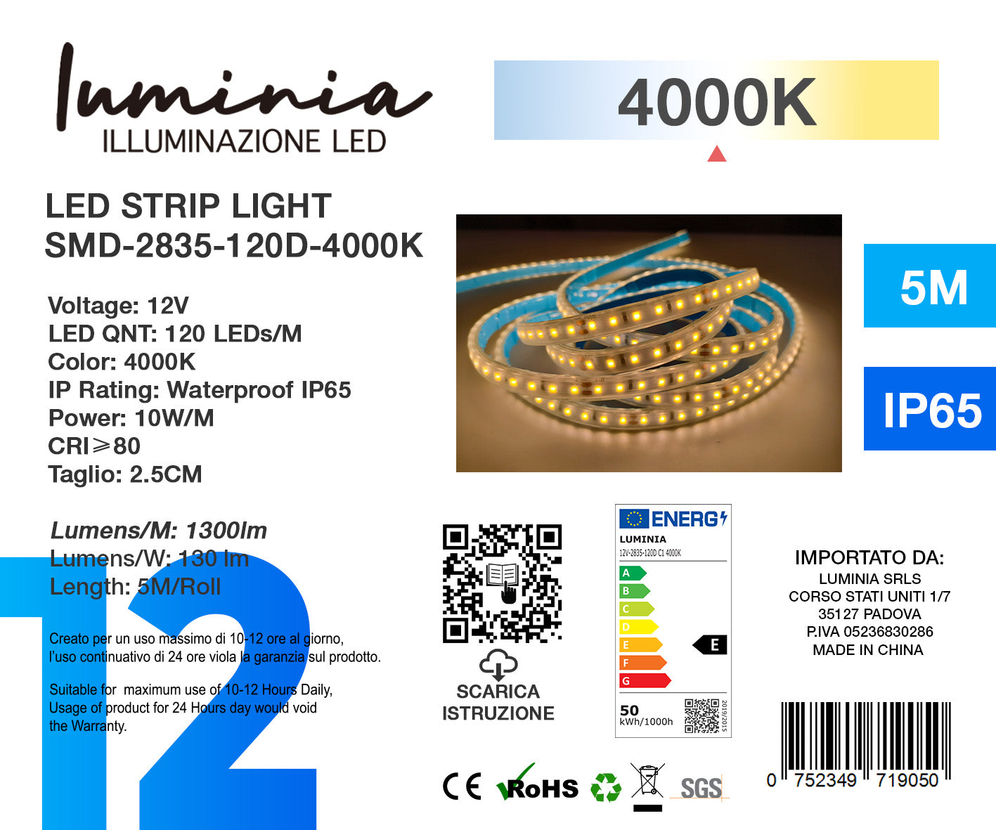 12V Striscia LED 2835 120L IP65 10W/m 1300lm/m 5mt Alta Luminosità Larghezza 8mm