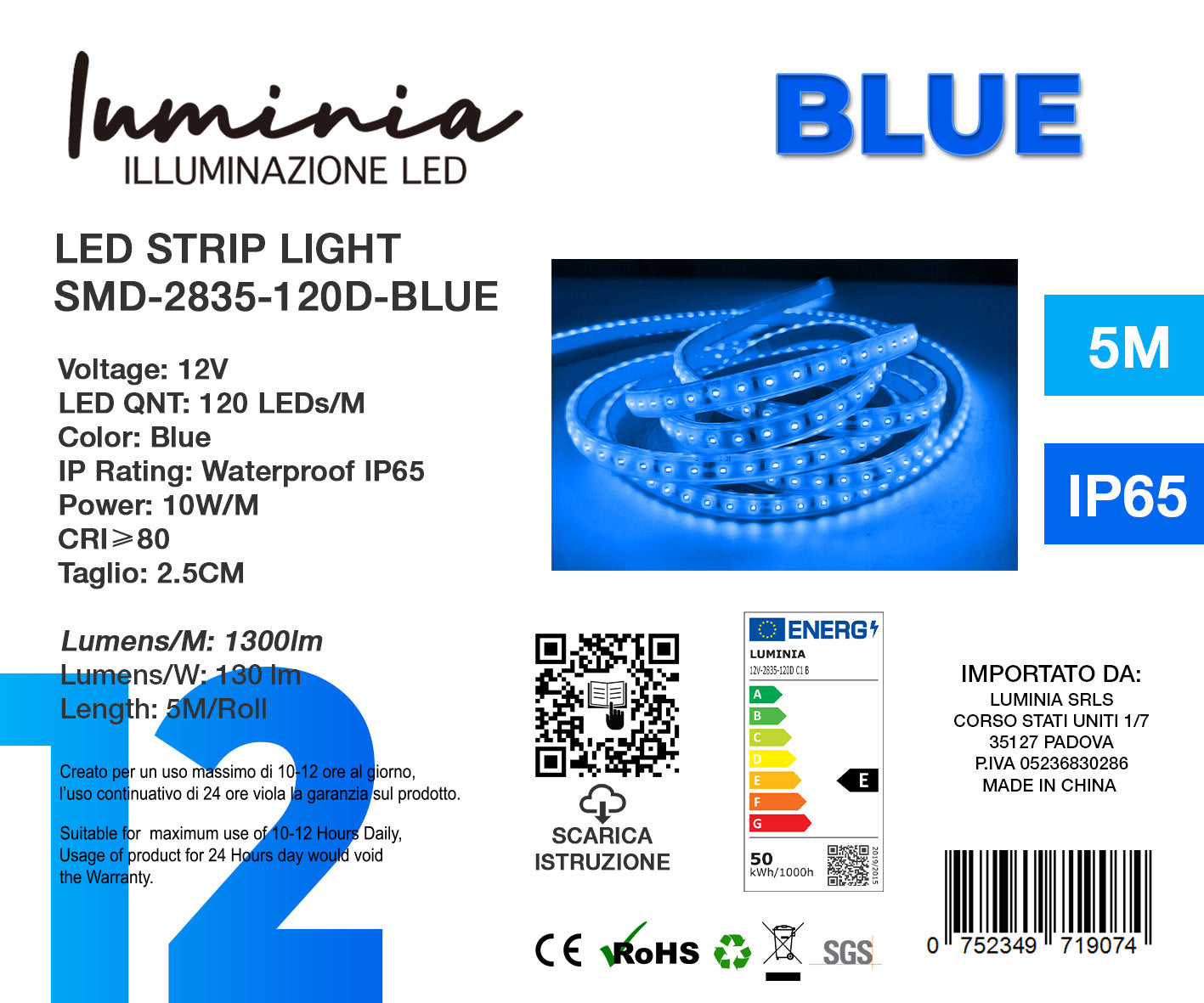 12V Striscia LED 2835 120L IP65 10W/m 1300lm/m 5mt Alta Luminosità Larghezza 8mm