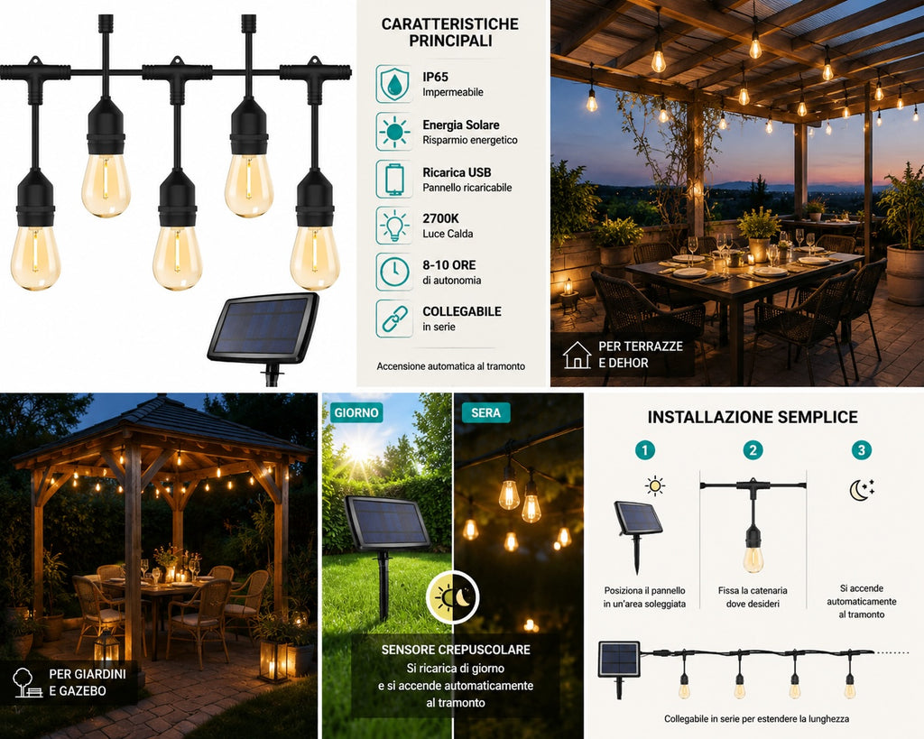 ☀️ Catenaria LED per Esterno Solare IP65