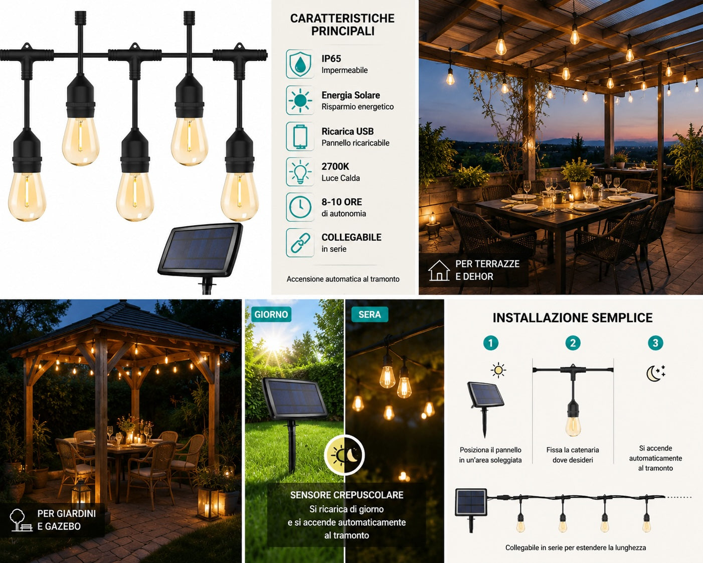 ☀️ Catenaria LED per Esterno Solare IP65