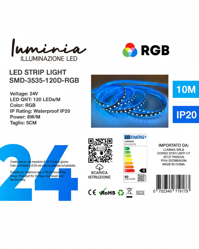 24V Striscia LED RGB 3535 8W/m 130lm/w Larghezza 8mm 10mt Immagine principale del prodotto