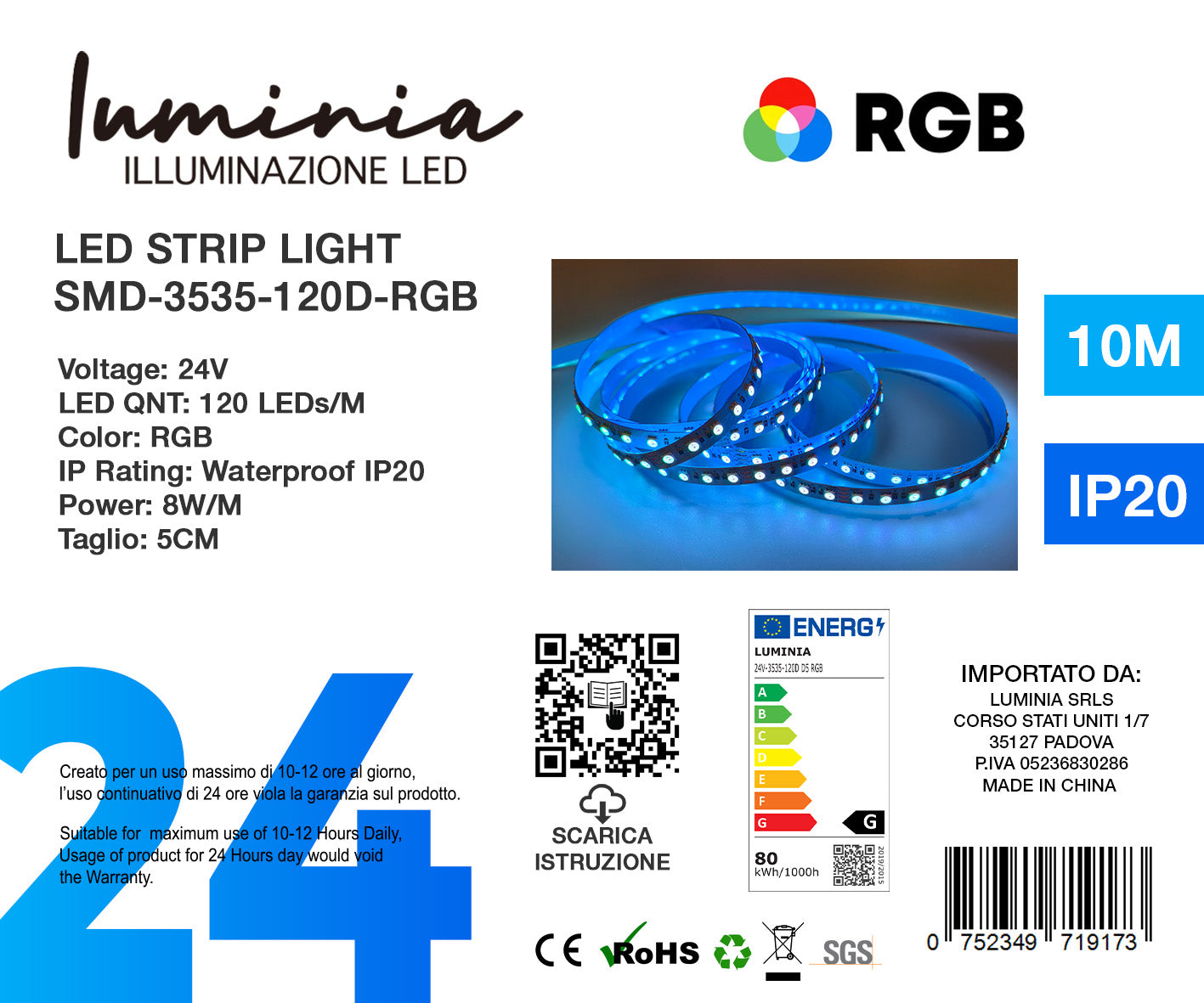 24V Striscia LED RGB 3535 8W/m 550lm/w Larghezza 8mm 10mt