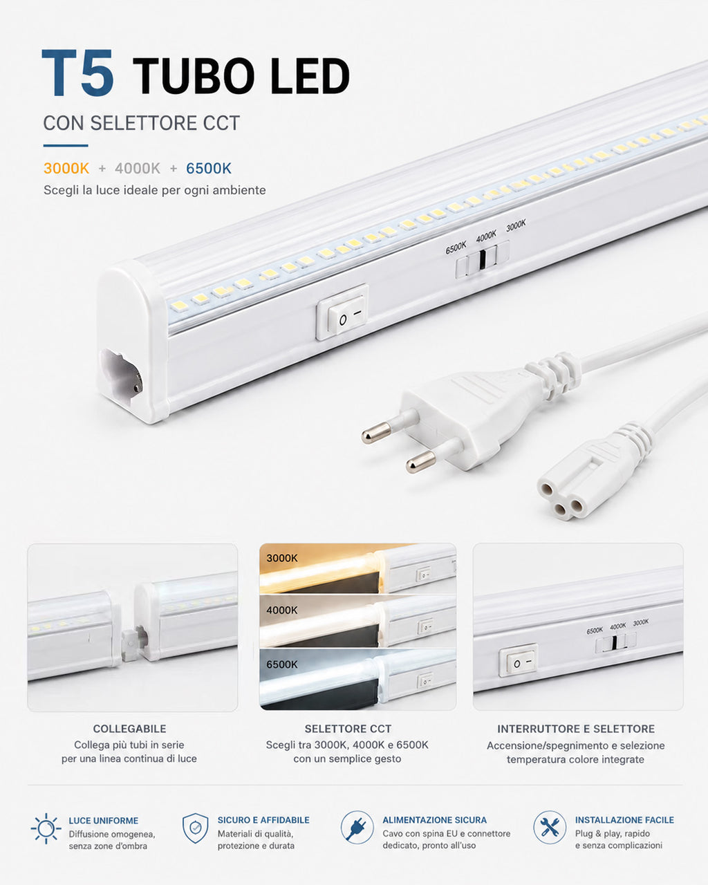 T5 Tubo LED Reglette 90cm Collegabile