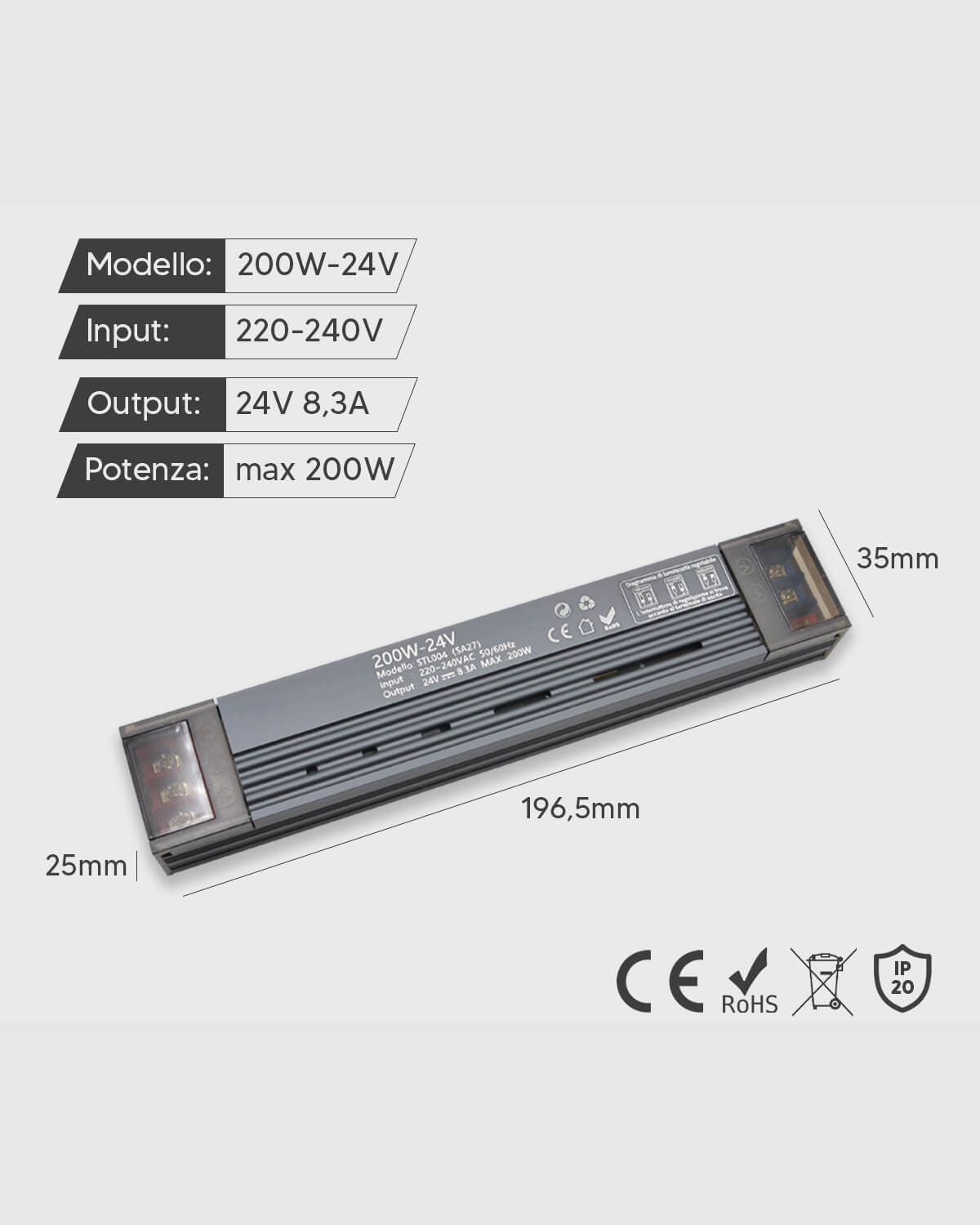 Alimentatore Mini 24V 200W dimmerabile