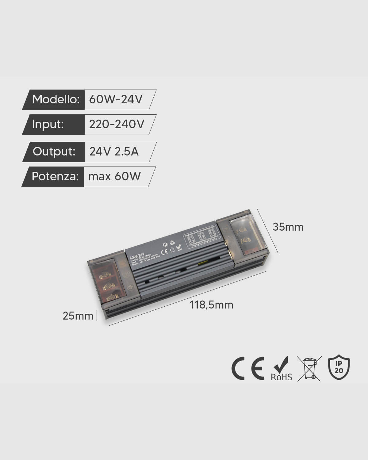 Alimentatore Mini 24V 60W dimmerabile