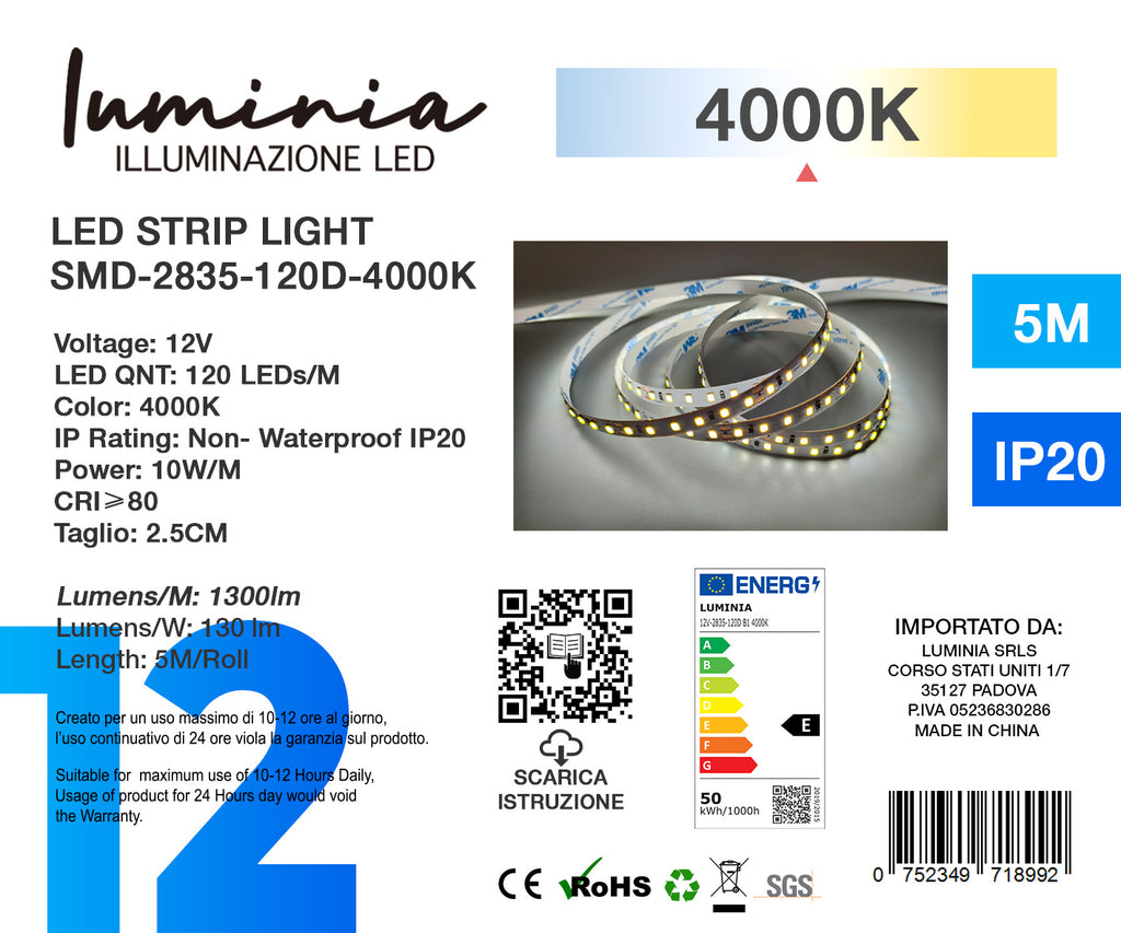 12V Striscia LED 2835 120L 10W/m 1300lm/m  Alta Luminosità 5mt Larghezza 8mm