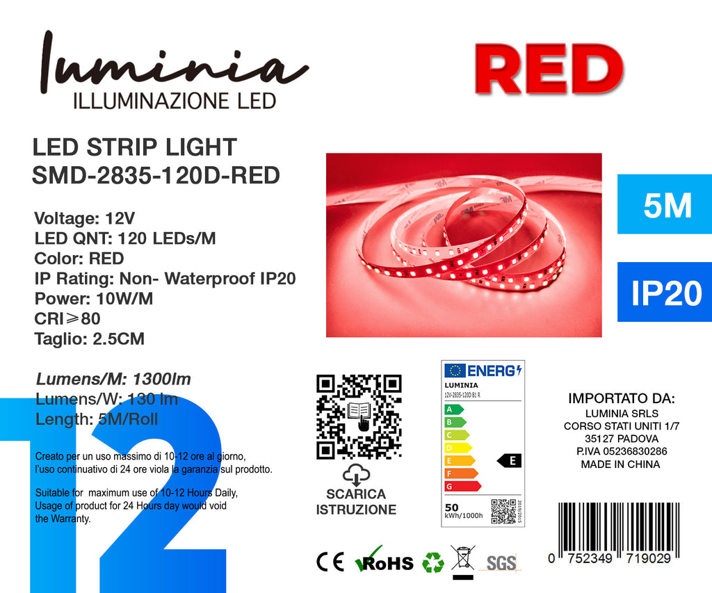 12V Striscia LED 2835 120L 10W/m 1300lm/m  Alta Luminosità 5mt Larghezza 8mm