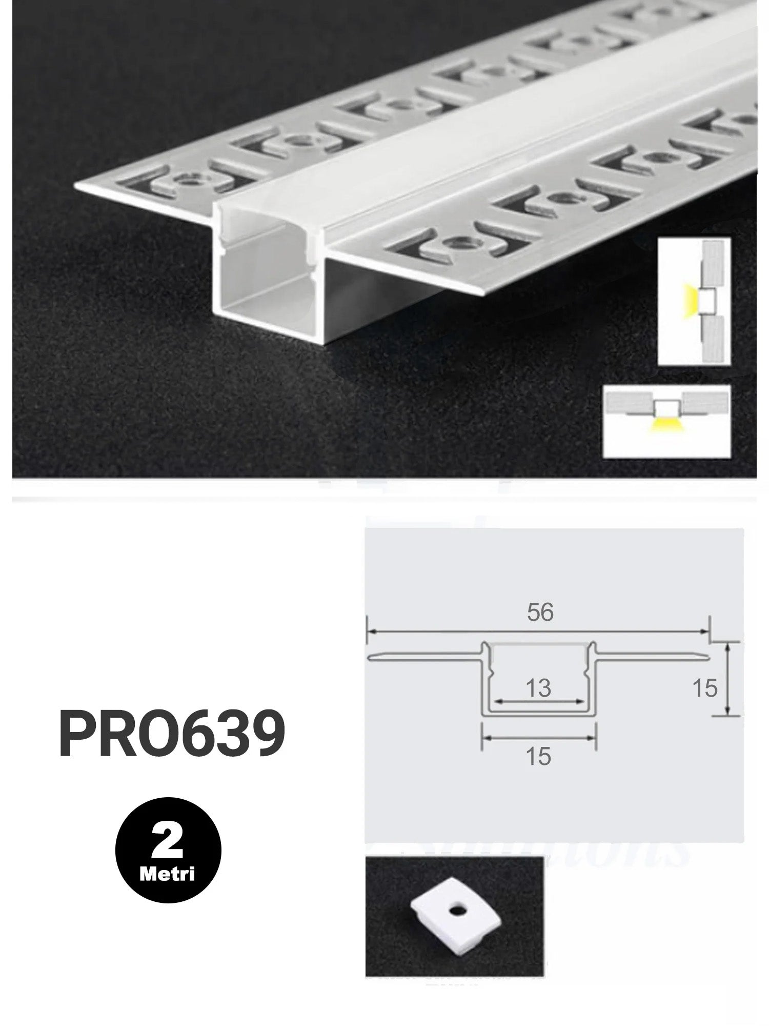 Profilo Alluminio Incasso Cartongesso per Strisce LED PRO639 56mm*15mm Immagine principale del prodotto